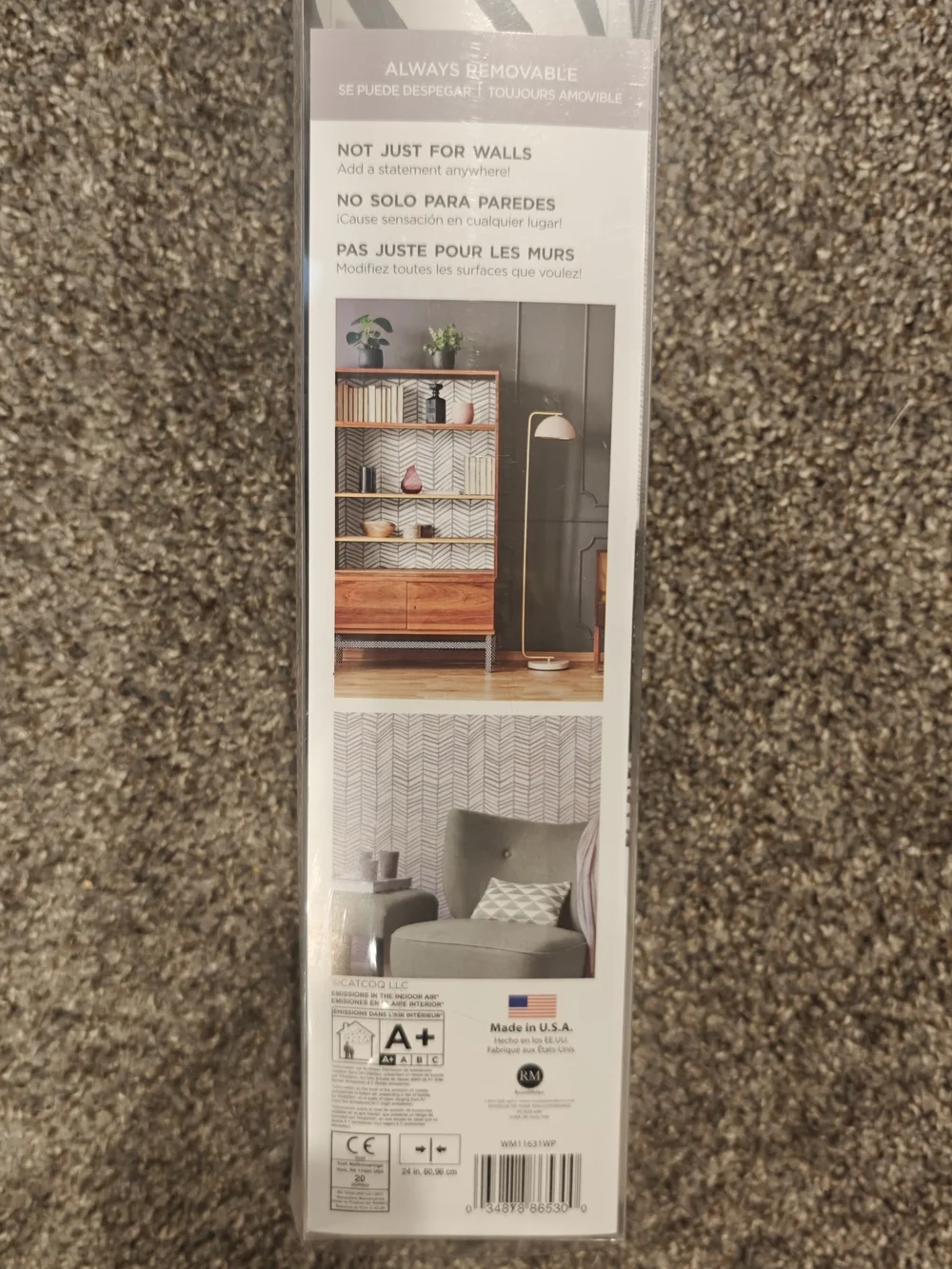 Peel & Stick Wallpaper Roll in Light/Chevron Gray Leaf Pattern